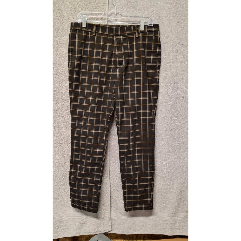 HM Skinny Fit Plaid Trousers Mens 32 Black Tan Windowpane Check Dress Pants(B6)